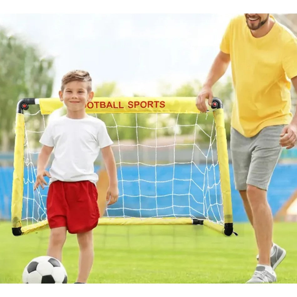 Set Poarta de Fotbal pentru Copii, Vivimall, 45x60 cm, Minge, Cartonase, Pompa, Fluier, Interactiv, Distractiv, Galben - vivimall.ro