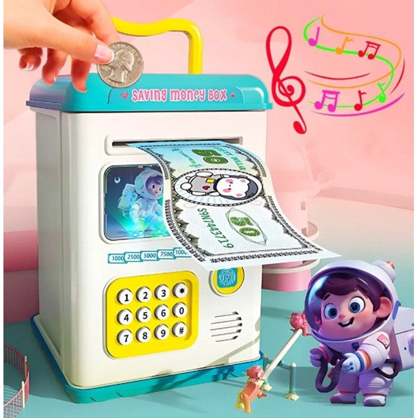 Set Pusculita pentru Copii, Vivimall, Tip ATM, Parola cu Amprenta, 13.5 x 11.5 x 20 cm, Albastru - vivimall.ro