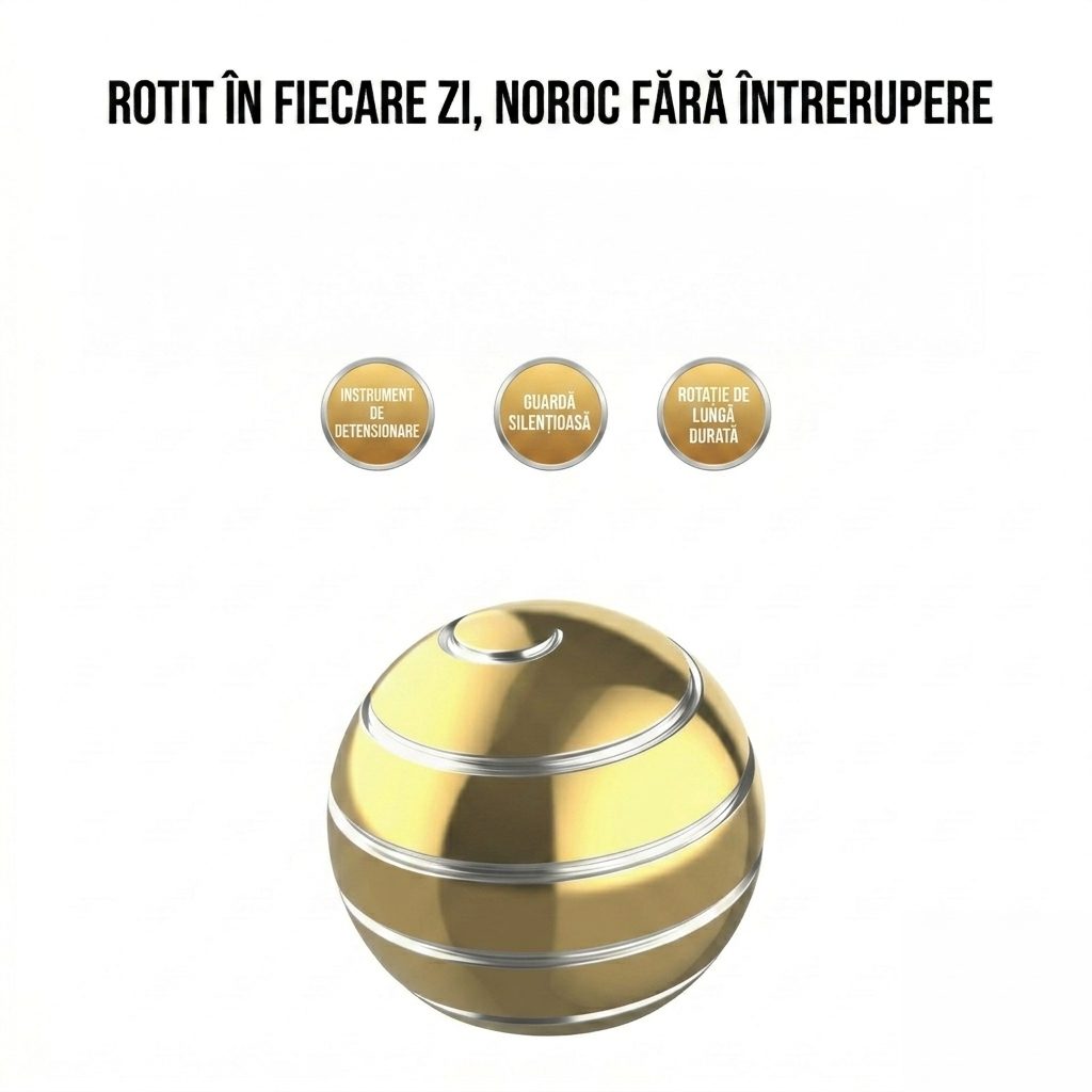 Sferă fidget spinner auriu Flippy lângă ambalaj, dimensiuni pachet 7,5 × 7,5 × 5 cm