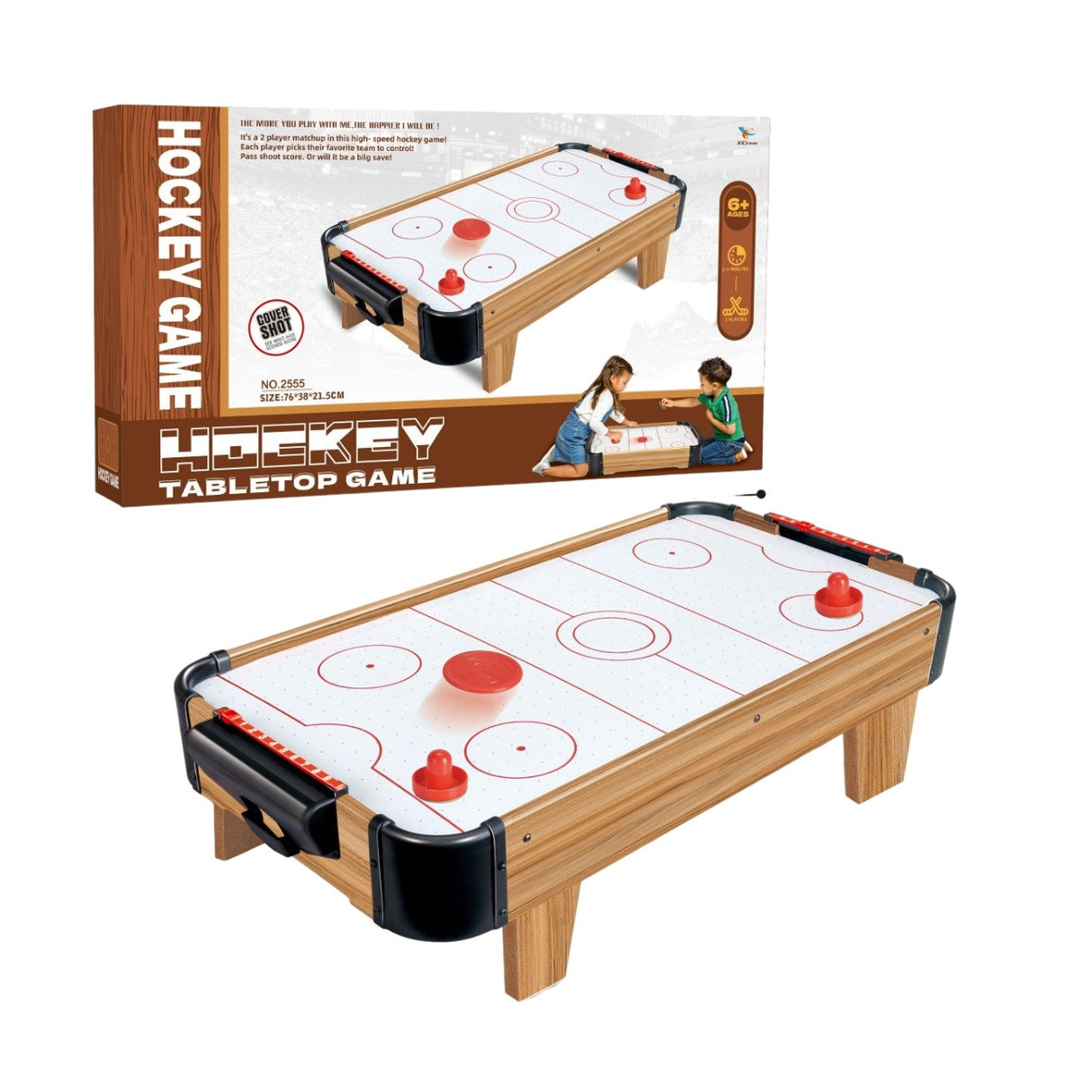 Masa Air Hockey Graffiti cu Picioare Scurte, Vivimall, Lemn, 2 Pucuri, Tabela Scor, 2 Impingatoare, 76x38x21.5 cm, Maro - vivimall.ro