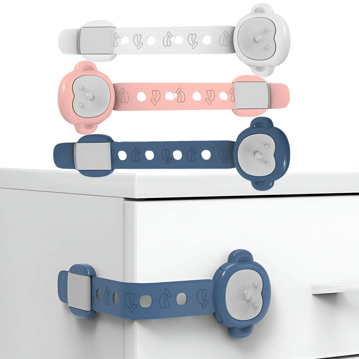 Siguranta pentru Usi Copii, Vivimall, Sistem de Blocare Sertare, Dulap, Frigider, Adeziv, cu Sistem de Inchidere Dublu, Model Maimutica, Alb - vivimall.ro