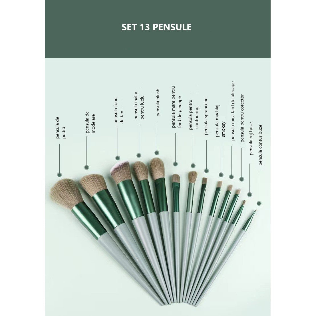Set 13 pensule pentru machiaj, Flippy, super soft, makeup profesional/incepatori, verde