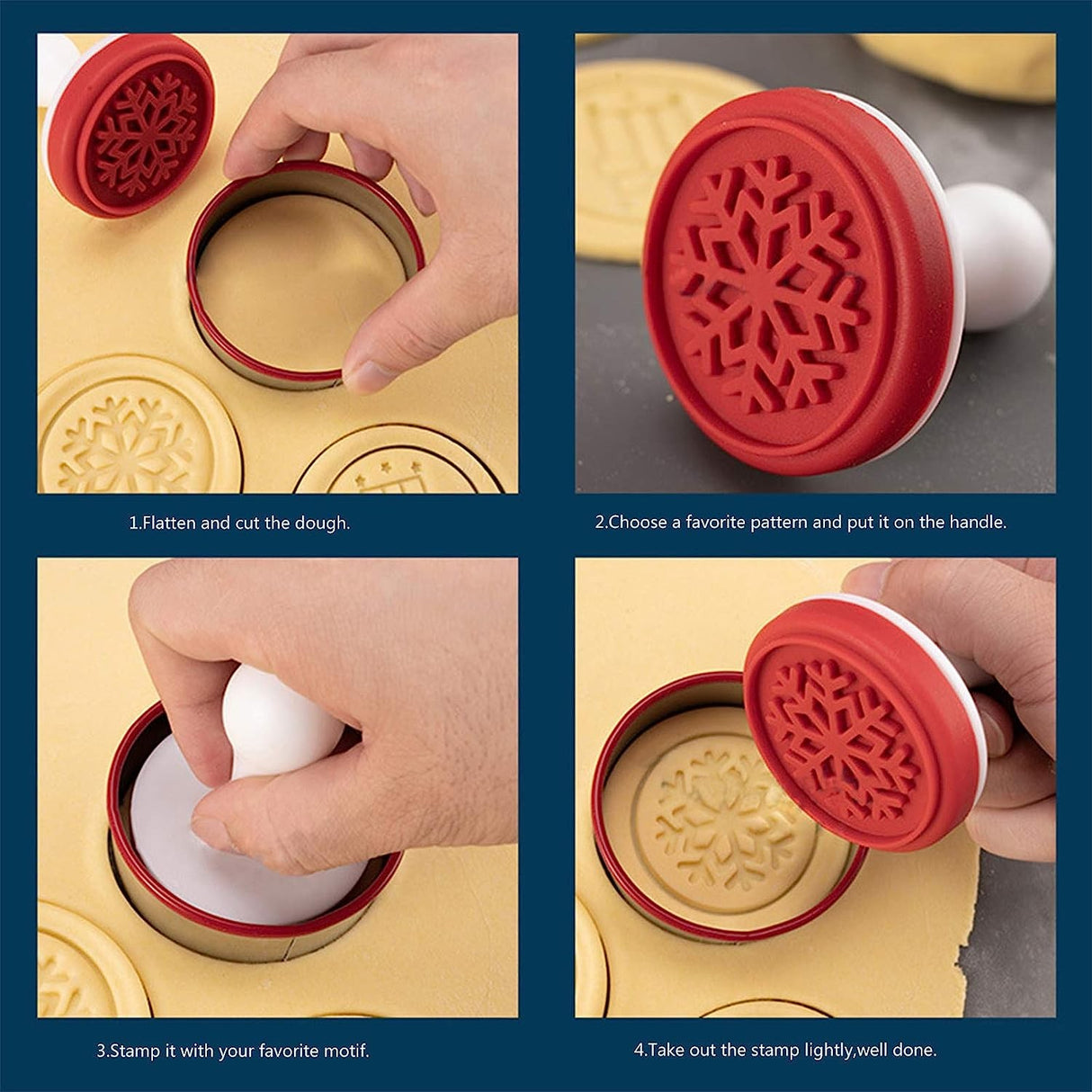 Set 6 stampile pentru prajituri Vivimall, tematica de Craciun, din silicon alimentar non-toxic, taietor aluat inclus, 6 cm, maner din plastic, compact, usor de depozitat, - vivimall.ro