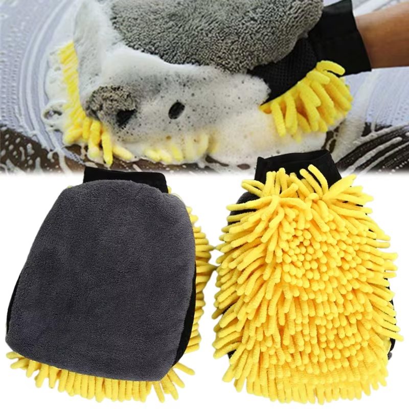 Manusa de Spalat Auto, Flippy, Manusa 2 in 1, pentru Detailing Auto pe 2 Fete cu Perie si Microfibra Velvet, Galben/Gri
