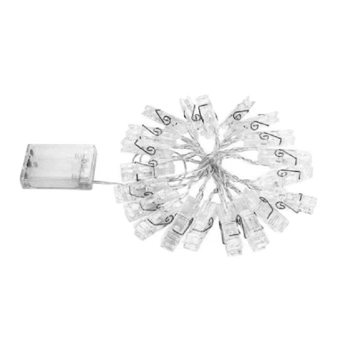 Ghirlanda Luminoasa cu 10 Clipsuri pentru Poze, Vivimall, 1.5 m, cu Baterii si Telecomanda, 8 Programe, Fir Argintiu, Alb Cald - vivimall.ro