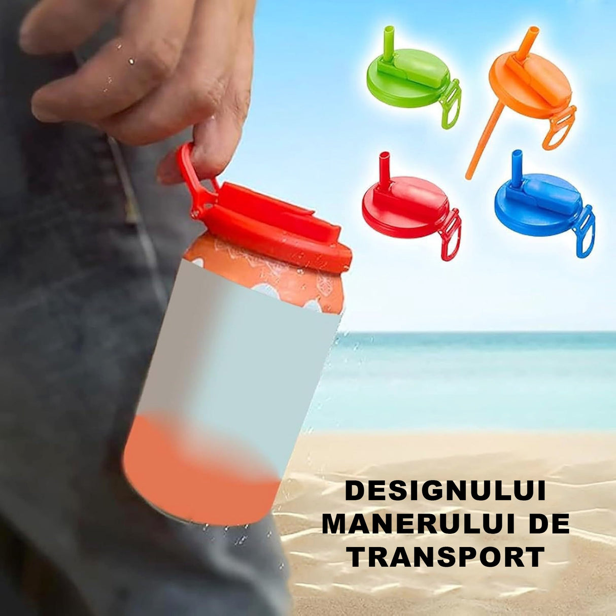Capac Anti Varsare pentru Doze, Flippy, Model cu Pai Transparent, Reutilizabil, din Plastic, cu Maner Transportabil, 5.4 cm, Albastru - vivimall.ro