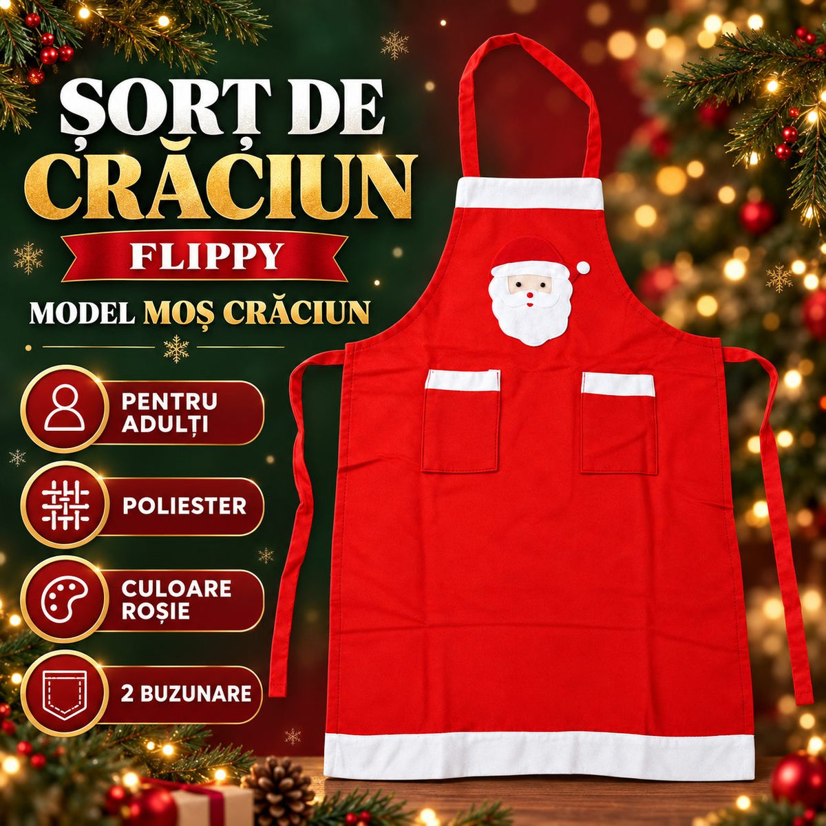 Sort de Bucatarie de Craciun, Flippy, pentru Adulti, Model Mos Craciun, 2 Buzunare Frontale, Poliester, 82 x 55 cm, Rosu