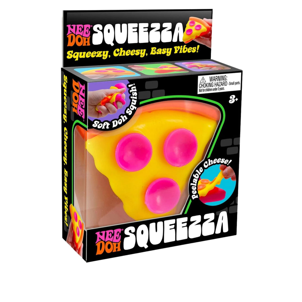 Ambalaj original Squeezza jucărie squishy pizza Flippy, culori neon, vedere ansamblu