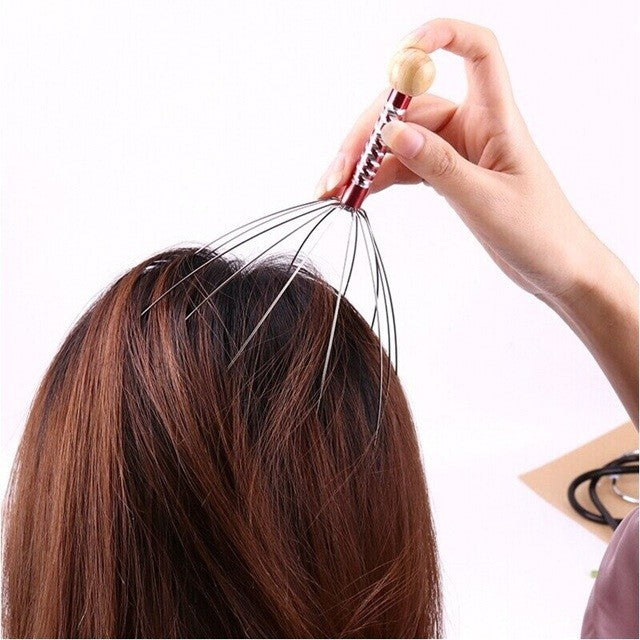 Dispozitiv Masaj Capilar, Flippy, Tip Caracatita, 12 Brate din Otel Inoxidabil, Maner din Lemn, Stimulare Circulatie Sanguina, Accelerarea Cresterii Parului, Anti-Stres, Multicolor - vivimall.ro