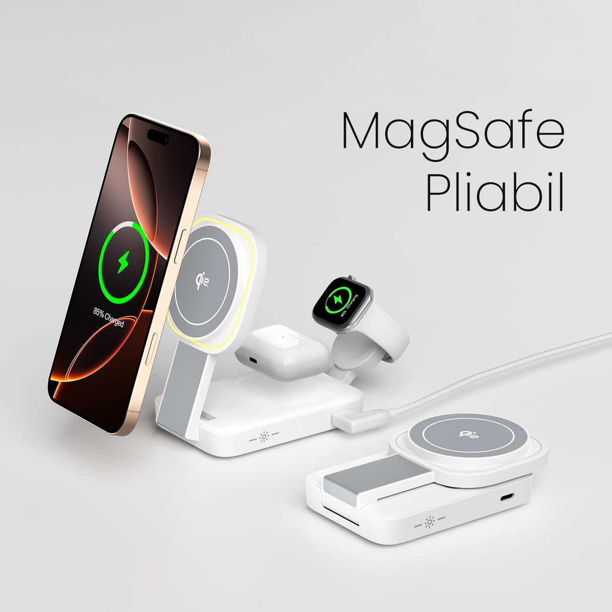 Incarcator wireless MagSafe 3 in 1 Vivimall, detaliu suport rabatabil pentru iPhone, unghi lateral