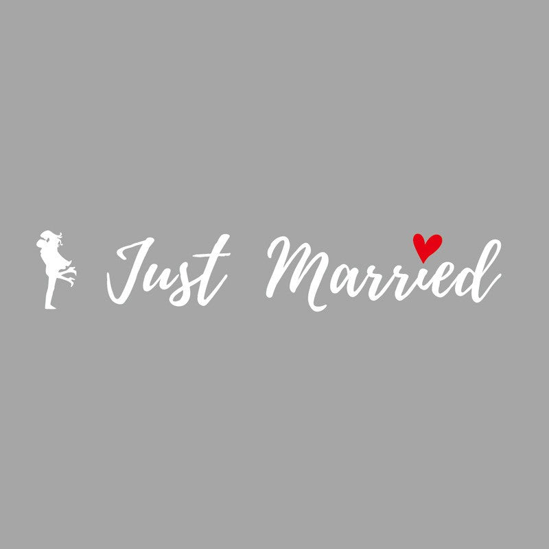 Sticker Autocolant, Vivimall, Tematica Nunta, Model Indragostiti, cu Scris Just Married, 50x11.5 cm, Alb - vivimall.ro