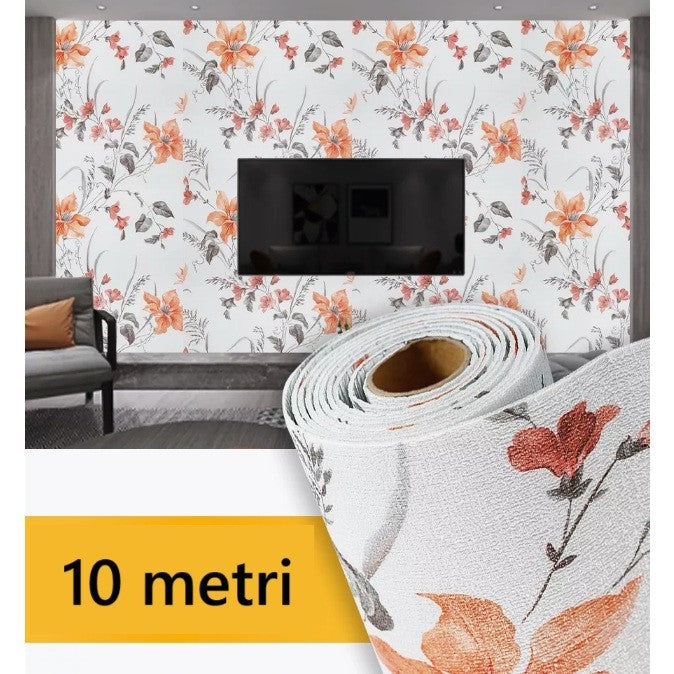 Rola Autoadeziva pentru Perete, Vivimall, din Panza, 10 m, Rezistenta la Umezeala, 2.5 mm Grosime, Model Flori, Portocaliu - vivimall.ro