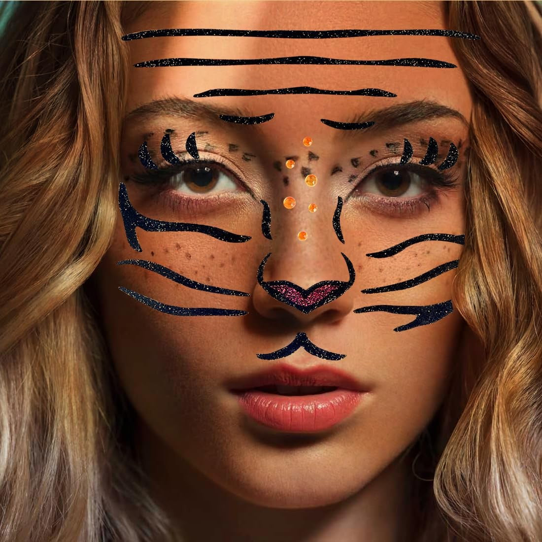 Sticker Temporar pentru Fata, Flippy, pentru Machiaj, Face Art, Halloween, Teatru, Model Tigru, Maro