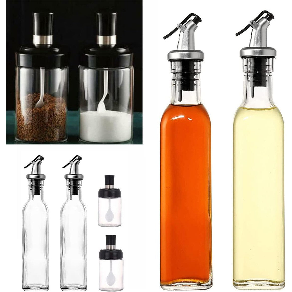 Sticle si Borcane de Ulei de Masline, Flippy, Dozator Set 4 Bucati, 2 Sticle cu Dispenser 500 ml/buc, 2 Borcane pentru Condimente cu Capac si Lingura 120ml/buc, Transparent