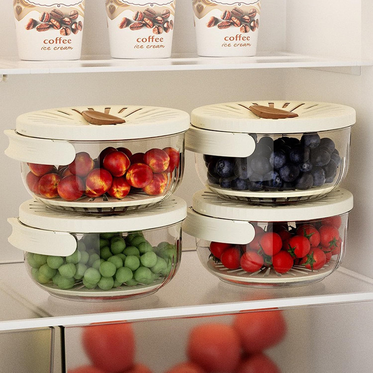 Strecuratoare 2 in 1 pentru Fructe si Legume, Vivimall, Cos de Scurgere si Cutie de Depozitare, 15.5 x 8.3 cm, din PP, cu Maner si Capac, Maro - vivimall.ro