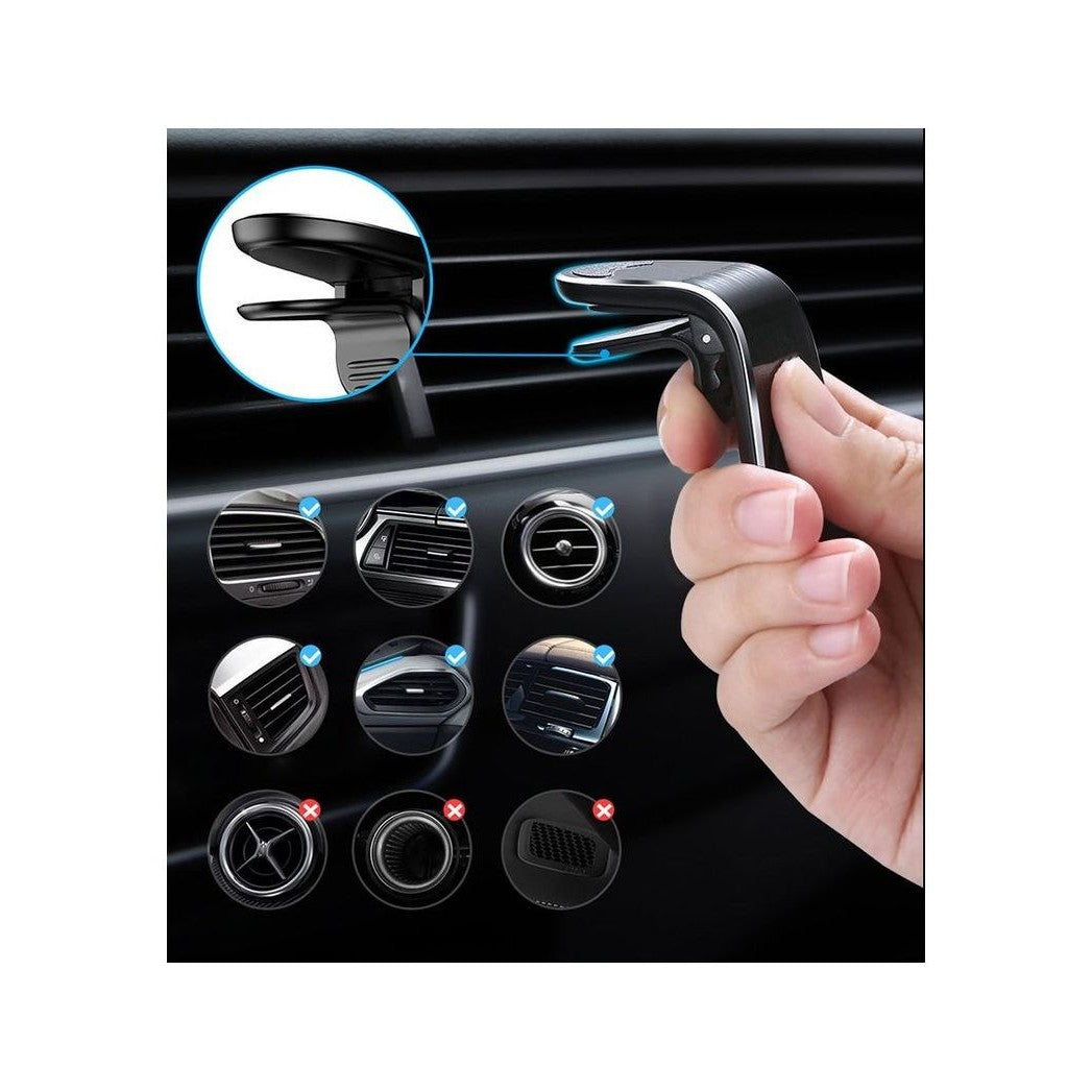 Suport auto magnetic negru compatibil telefon și GPS, unghi lateral, detaliu magnet neodim