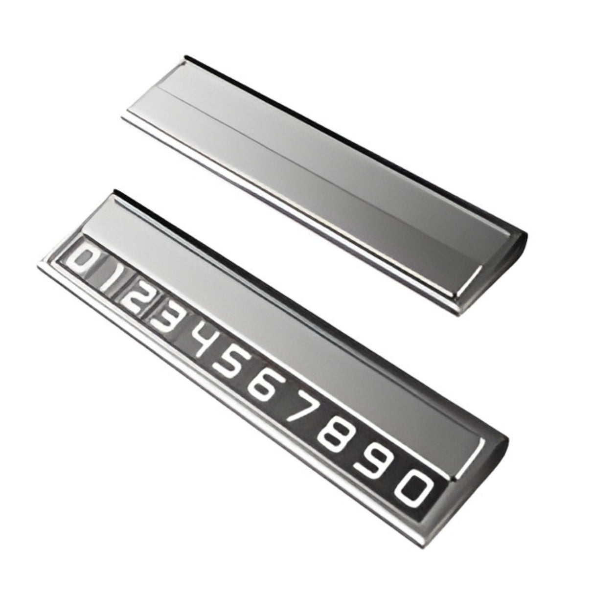 Suport Auto Numar Telefon Parcare, Flippy, Design Metalic cu Capac, Afisaj Ascuns Rabatabil, Cifre Magnetice Fluorescente, 11.8 x 3 x 1 cm, Argintiu