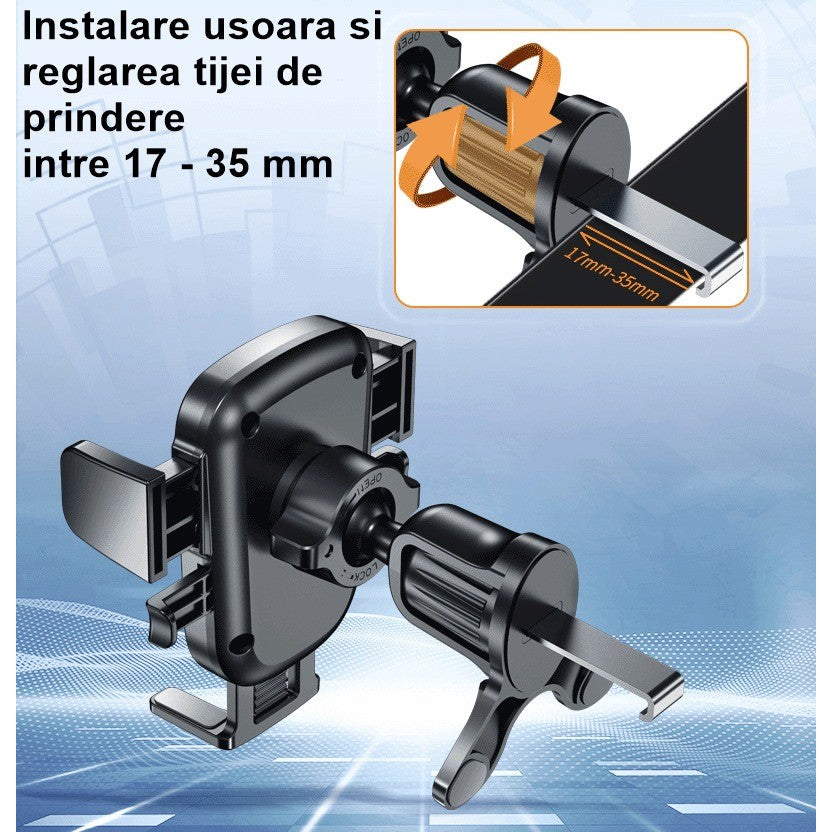 Suport Auto Telefon Flippy, Prindere Grila Ventilatie, Tija Fixare Reglabila, Rotativ 90 grade, Design Modern, Detalii Fine, Material Plastic si Silicon, 11 x 8.5 cm, Model 3, Negru - vivimall.ro