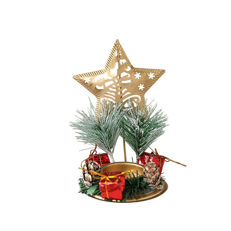 Suport Decorativ pentru Lumanare de Craciun, Flippy, Ornament pentru Lumanare pe Masa, Model Stea cu Clopotei si Crengute de Brad, din Art Metal, fara Lumanare 13 x 8.3 cm, Auriu - vivimall.ro