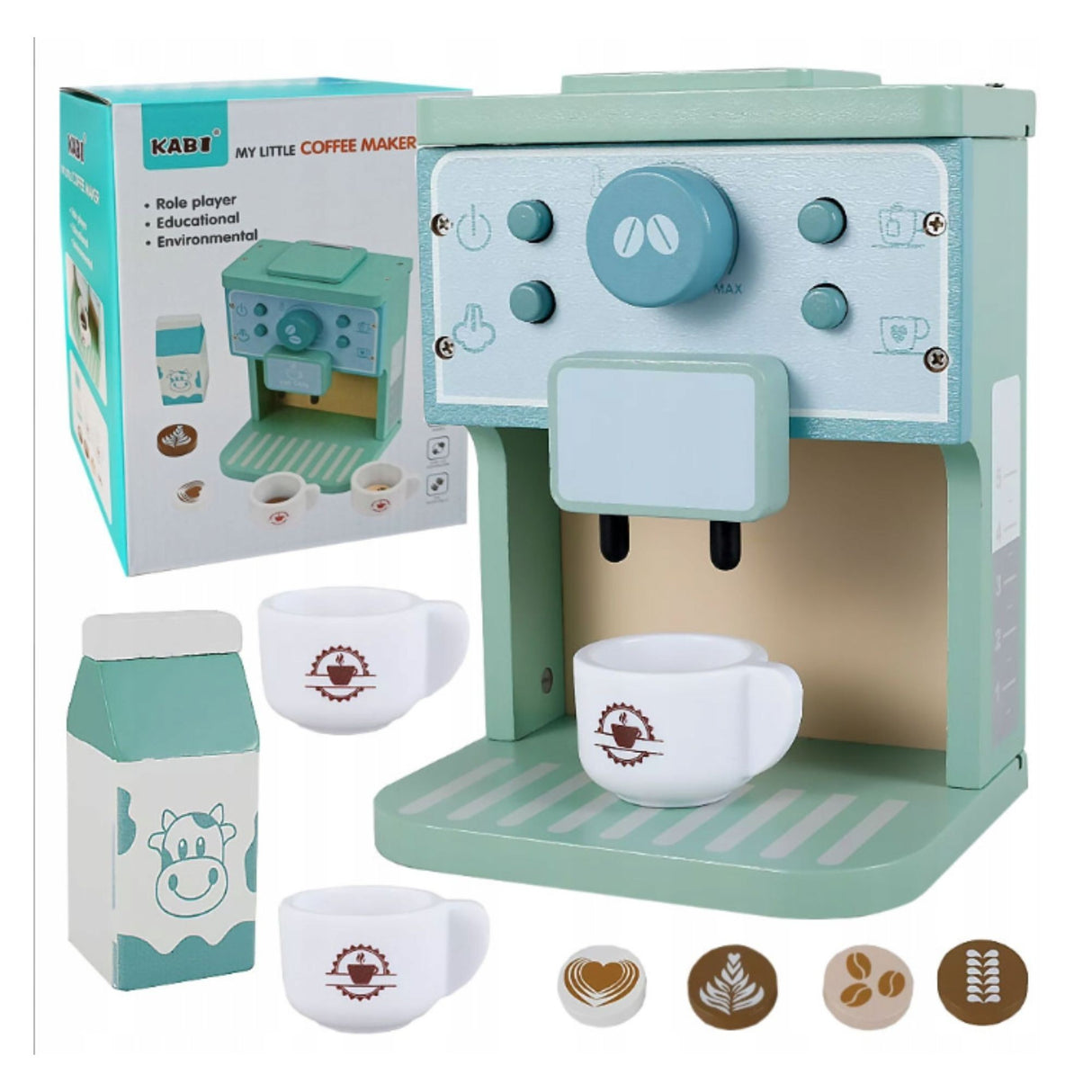 Aparat de Cafea pentru Copii, Flippy, Espressor de Cafea pentru Copii, Jucarie din Lemn, Set Barista din 10 Piese, 15 x 12.2 x 21.5 cm, Verde/Albastru - vivimall.ro