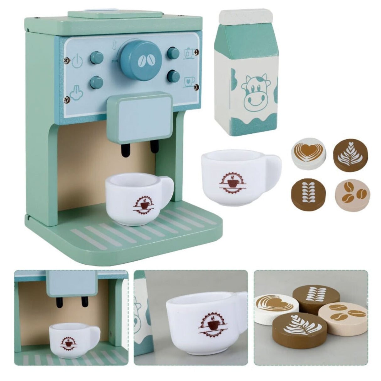 Aparat de Cafea pentru Copii, Flippy, Espressor de Cafea pentru Copii, Jucarie din Lemn, Set Barista din 10 Piese, 15 x 12.2 x 21.5 cm, Verde/Albastru - vivimall.ro