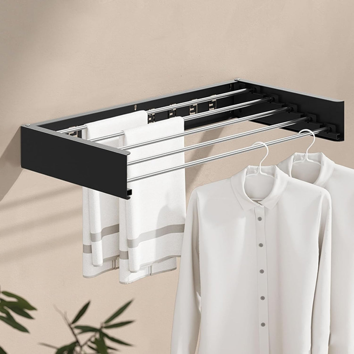 Suport Haine, Vivimall, Depozitare si Uscare Rufe, din Aluminiu, Pliabil, Impermeabil, Montare prin Perforare, 80 cm, Negru - vivimall.ro