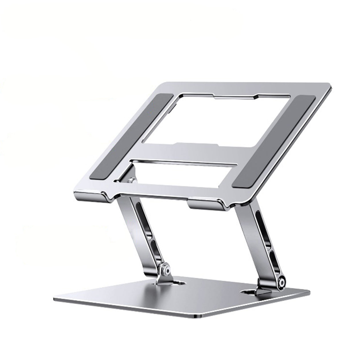 Suport laptop și tabletă Flippy gri din metal, pliabil și ajustabil, vedere frontală, 27.7 x 27.7 cm