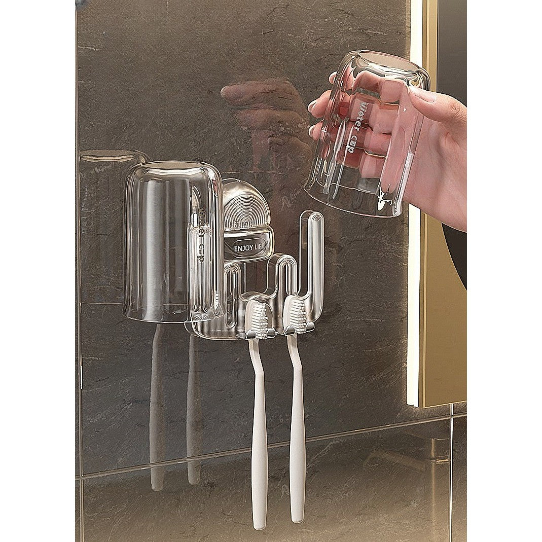 Suport Multifunctional Dublu, Pahar si Suport pentru Periuta de Dinti, Vivimall, Plastic, 11 cm x 11.5 cm, Transparent - vivimall.ro