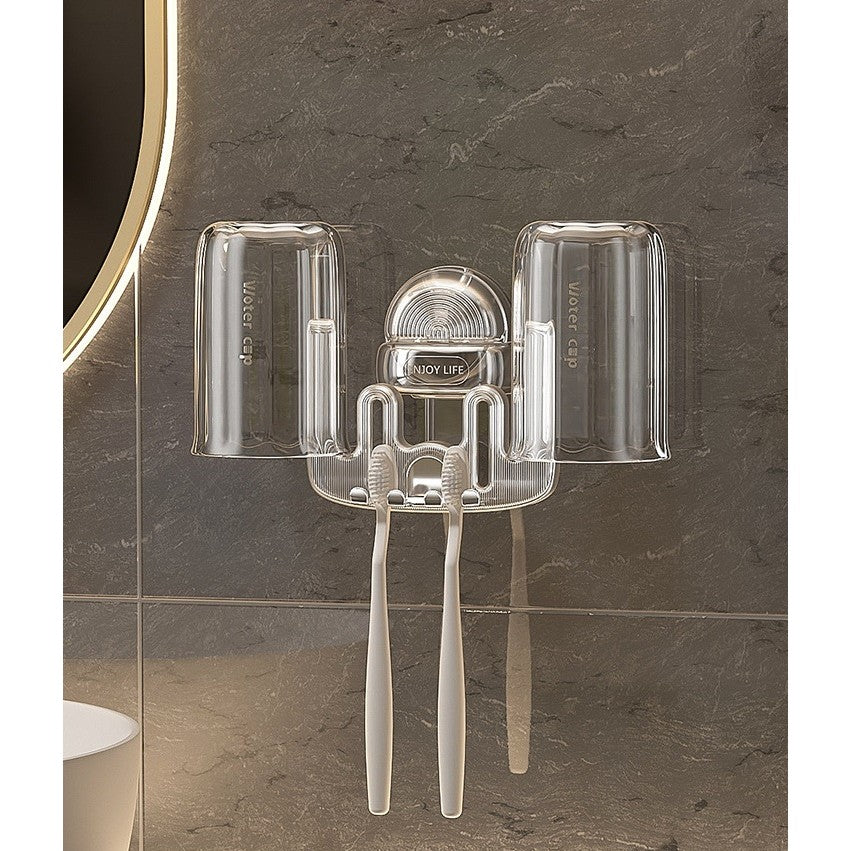 Suport Multifunctional Dublu, Pahar si Suport pentru Periuta de Dinti, Vivimall, Plastic, 11 cm x 11.5 cm, Transparent - vivimall.ro