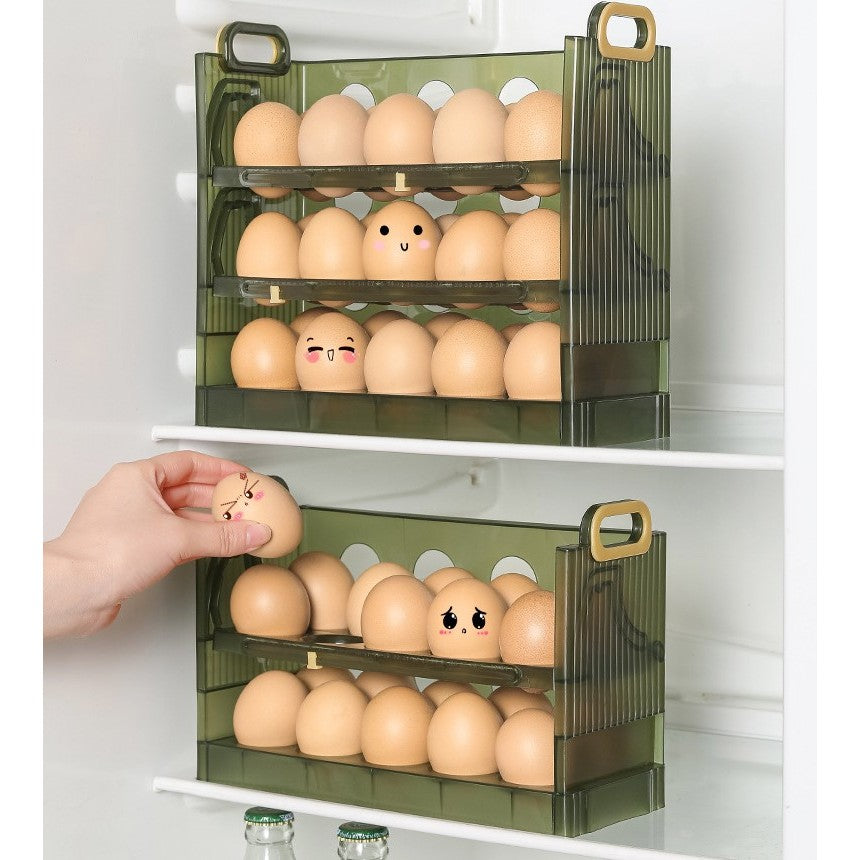 Suport Organizator pentru Oua, Vivimall, pentru Frigider, Verde transparent, Capacitate 30 oua, Trei straturi, cu Data de Expirare, 25.5x10x23 cm - vivimall.ro