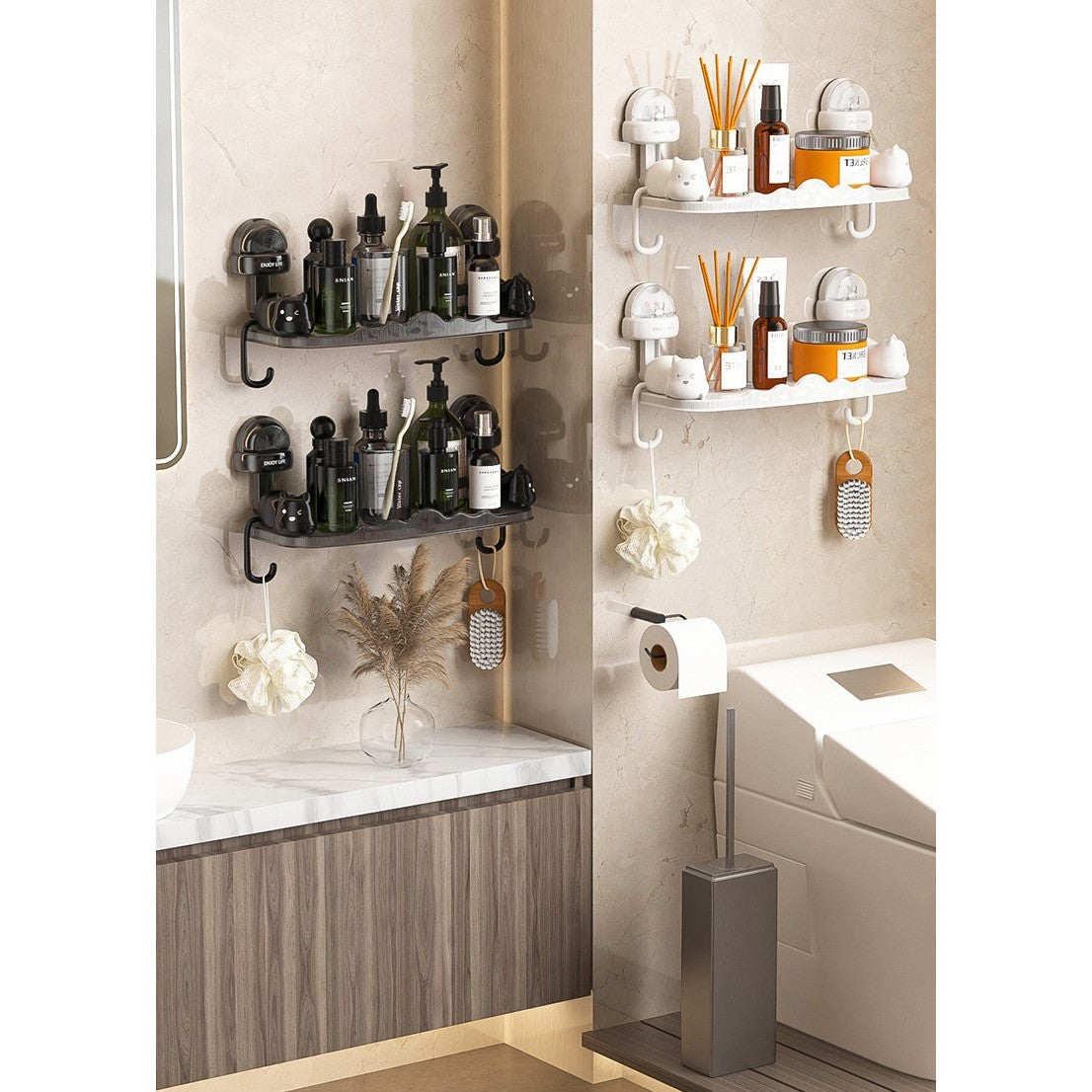 Suport pentru Baie, Vivimall, Montare pe Perete, Model Pisicute, ABS, Adeziv, Raft pentru Depozitare, 33.4x17.7 cm, Alb - vivimall.ro