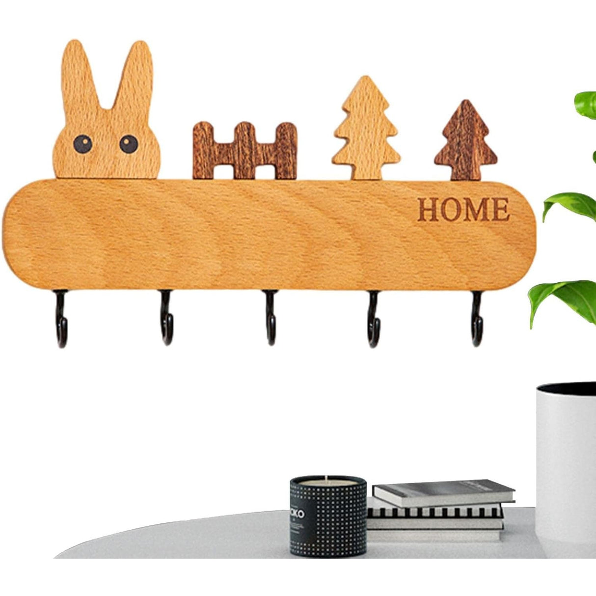 Suport pentru Chei, Vivimall, din Lemn, Aplicare fara Perforare, Adeziv Inclus, 5 Carlige Negre, Model Iepure, Greutate Suportata 5 kg, 13.5 x 22 cm, Maro - vivimall.ro