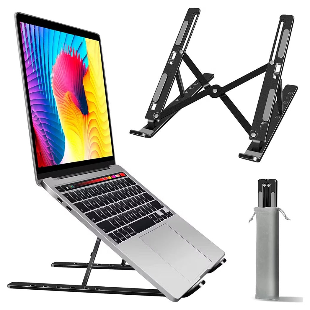Suport laptop și tabletă universal negru, detaliu bază și prindere, aliaj metalic rezistent