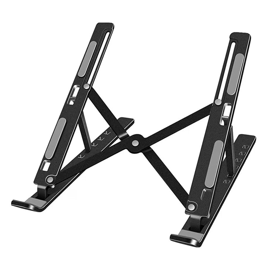 Suport laptop pliabil negru din aliaj metalic și ABS, vedere frontală, reglabil 100-160 mm