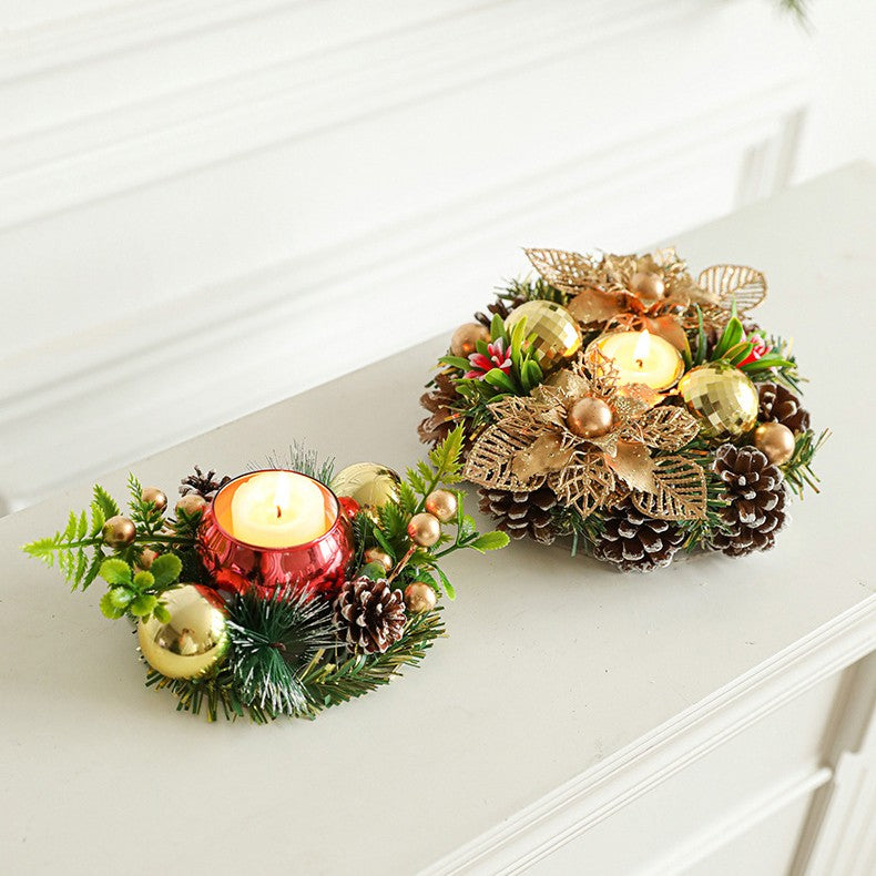 Suport pentru Lumanare de Craciun, Flippy, Model Cupa cu 2 Globutele Aurii si 2 Flori cu Conuri, Sfesnic de Tip Ghirlanda, Decoratiune pe Masa de Craciun, 17.5 x 17.5 x 7 cm, Auriu - vivimall.ro