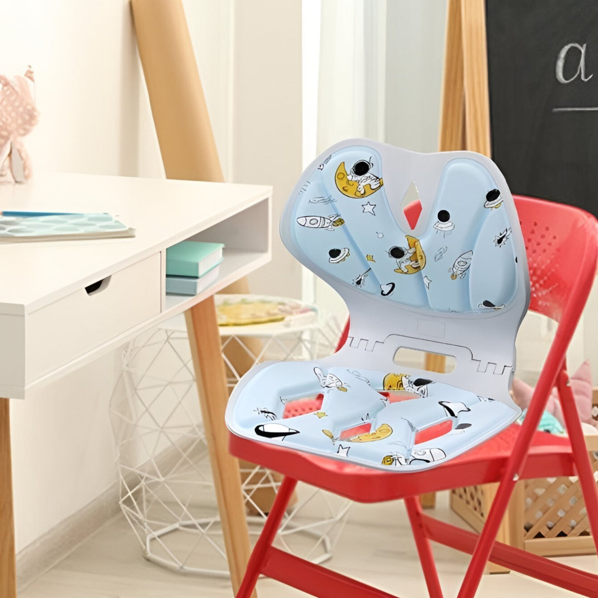 Suport pentru Scaun, Vivimall, pentru Corectarea Posturii, Portabil, Pliabil, Ergonomic, Ameliorare Durere, Respirabil, 35x32x30 cm, Marime L, Model Rachete, Albastru - vivimall.ro