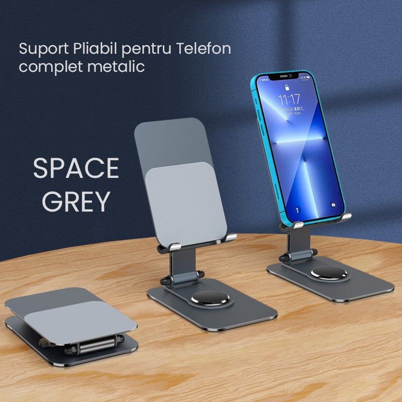 Suport pliabil aluminiu space grey pentru birou, detaliu finisaj și dimensiuni 14.6 cm
