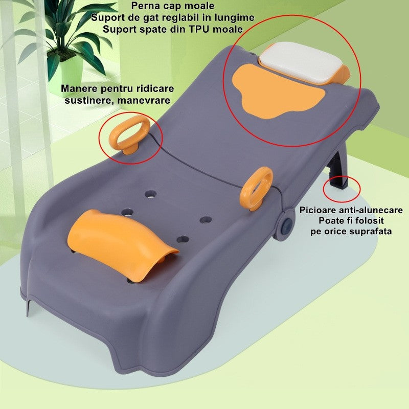 Suport Pliabil pentru Spalat Parul Vivimall, Pentru Copii, 0 - 16 ani, cu Picioare Antialunecare, Material Polipropilena, Suport Cap Reglabil, cu Manere, 82 x 40 x 28 cm, Bleumarin