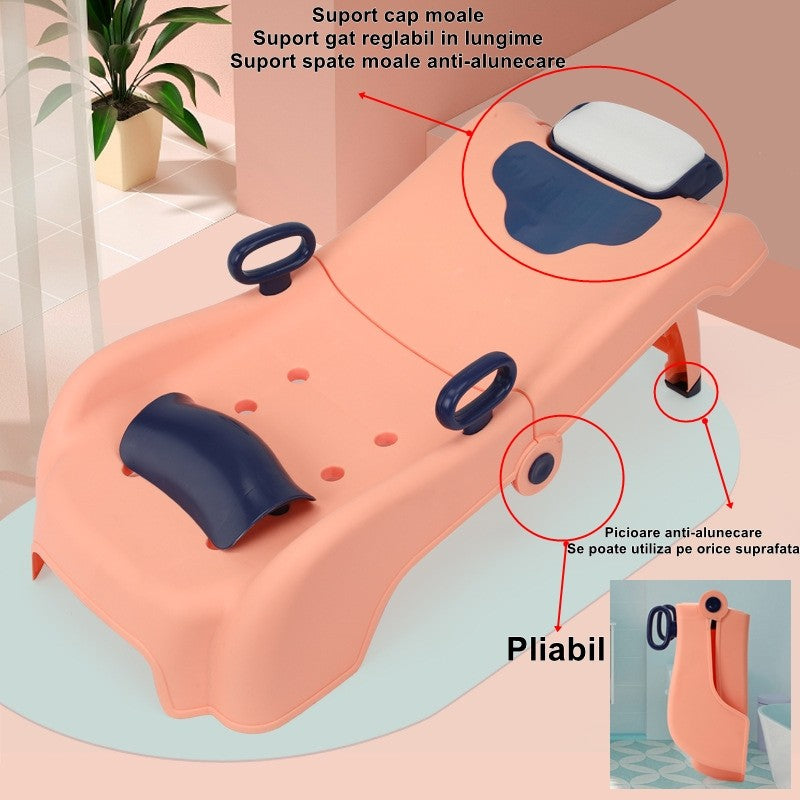 Suport Pliabil pentru Spalat Parul Vivimall, Pentru Copii, 0 - 16 ani, cu Picioare Antialunecare, Material Polipropilena, Suport Cap Reglabil, cu Manere, 82 x 40 x 28 cm, Roz pal