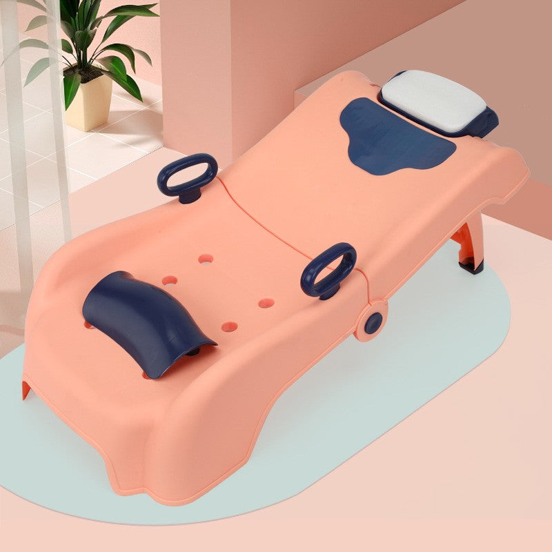 Suport Pliabil pentru Spalat Parul Vivimall, Pentru Copii, 0 - 16 ani, cu Picioare Antialunecare, Material Polipropilena, Suport Cap Reglabil, cu Manere, 82 x 40 x 28 cm, Roz pal