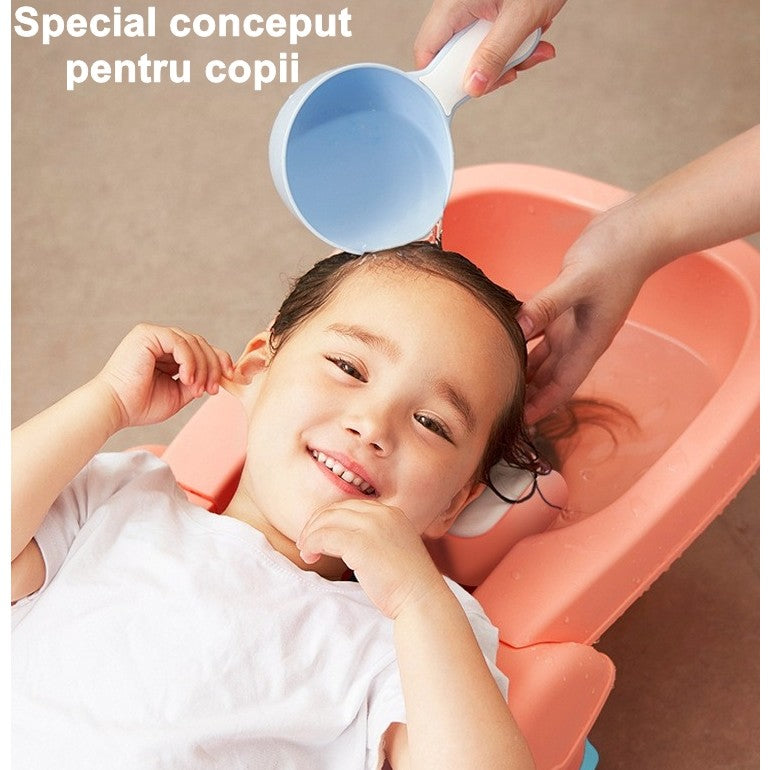 Suport Pliabil pentru Spalat Parul Vivimall, Pentru Copii, cu Scurgere, cu Picioare Antialunecare, Material Polipropilena, Suport Cap Reglabil, cu Manere, 110 x 35 x 21 cm, Roz