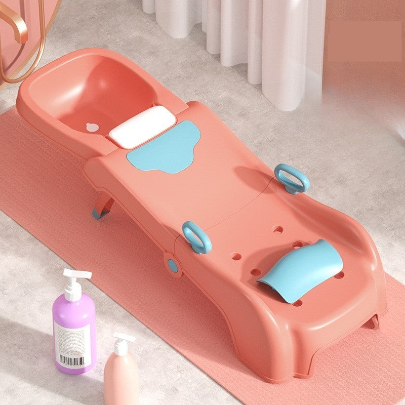 Suport Pliabil pentru Spalat Parul Vivimall, Pentru Copii, cu Scurgere, cu Picioare Antialunecare, Material Polipropilena, Suport Cap Reglabil, cu Manere, 110 x 35 x 21 cm, Roz