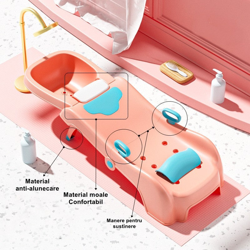 Suport Pliabil pentru Spalat Parul Vivimall, Pentru Copii, cu Scurgere, cu Picioare Antialunecare, Material Polipropilena, Suport Cap Reglabil, cu Manere, 110 x 35 x 21 cm, Roz