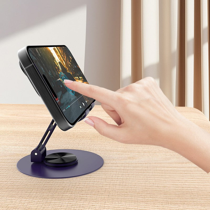 Suport rotativ pentru telefon, Flippy, Complet Metalic, Pliabil, Design Modern pentru Desktop, Multifunctional, Compatibil cu Tableta, 10.5 x 9 x 9 cm, 80 g, Mov inchis - vivimall.ro