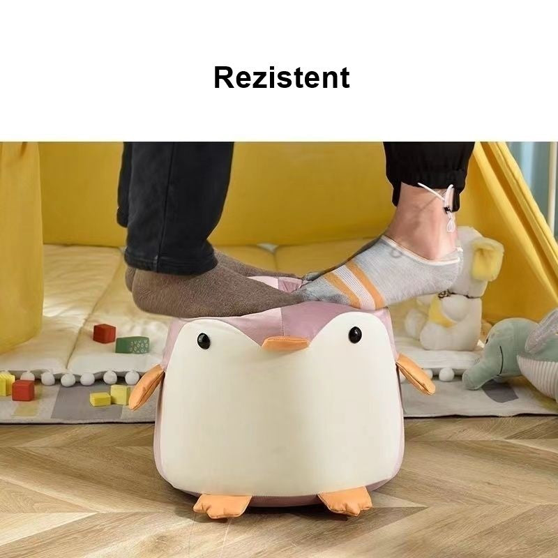 Taburet Pentru Copii, Vivimall, Cadru din Lemn Masiv, 25 x 29 x 29 cm, Perna de Burete Elastica si Maner de Transport, in Forma de Pinguin, Roz