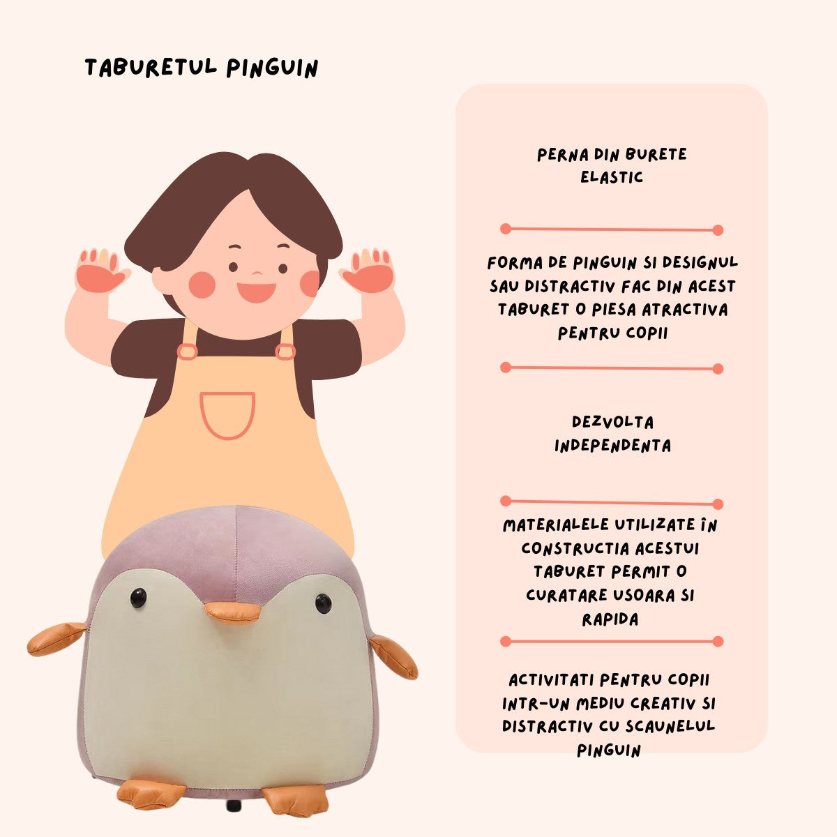 Taburet Pentru Copii, Vivimall, Cadru din Lemn Masiv, 25 x 29 x 29 cm, Perna de Burete Elastica si Maner de Transport, in Forma de Pinguin, Roz