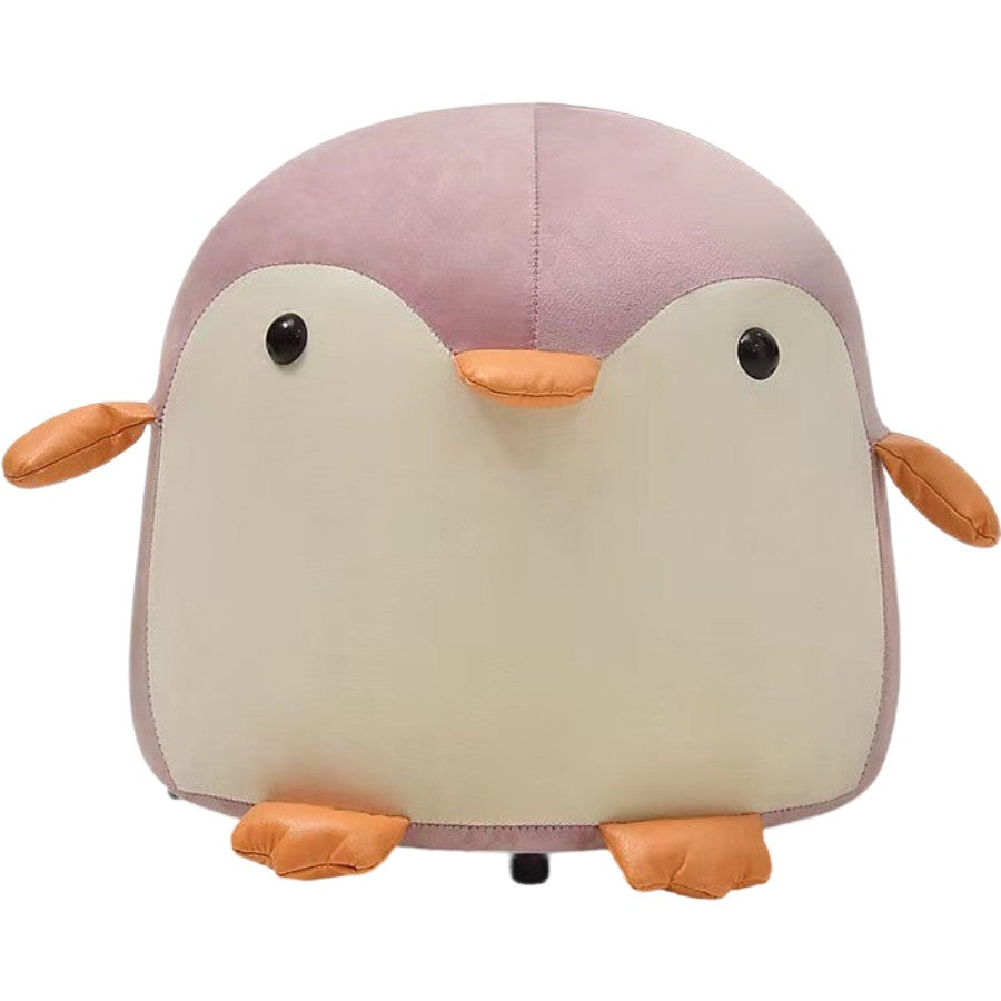 Taburet Pentru Copii, Vivimall, Cadru din Lemn Masiv, 25 x 29 x 29 cm, Perna de Burete Elastica si Maner de Transport, in Forma de Pinguin, Roz