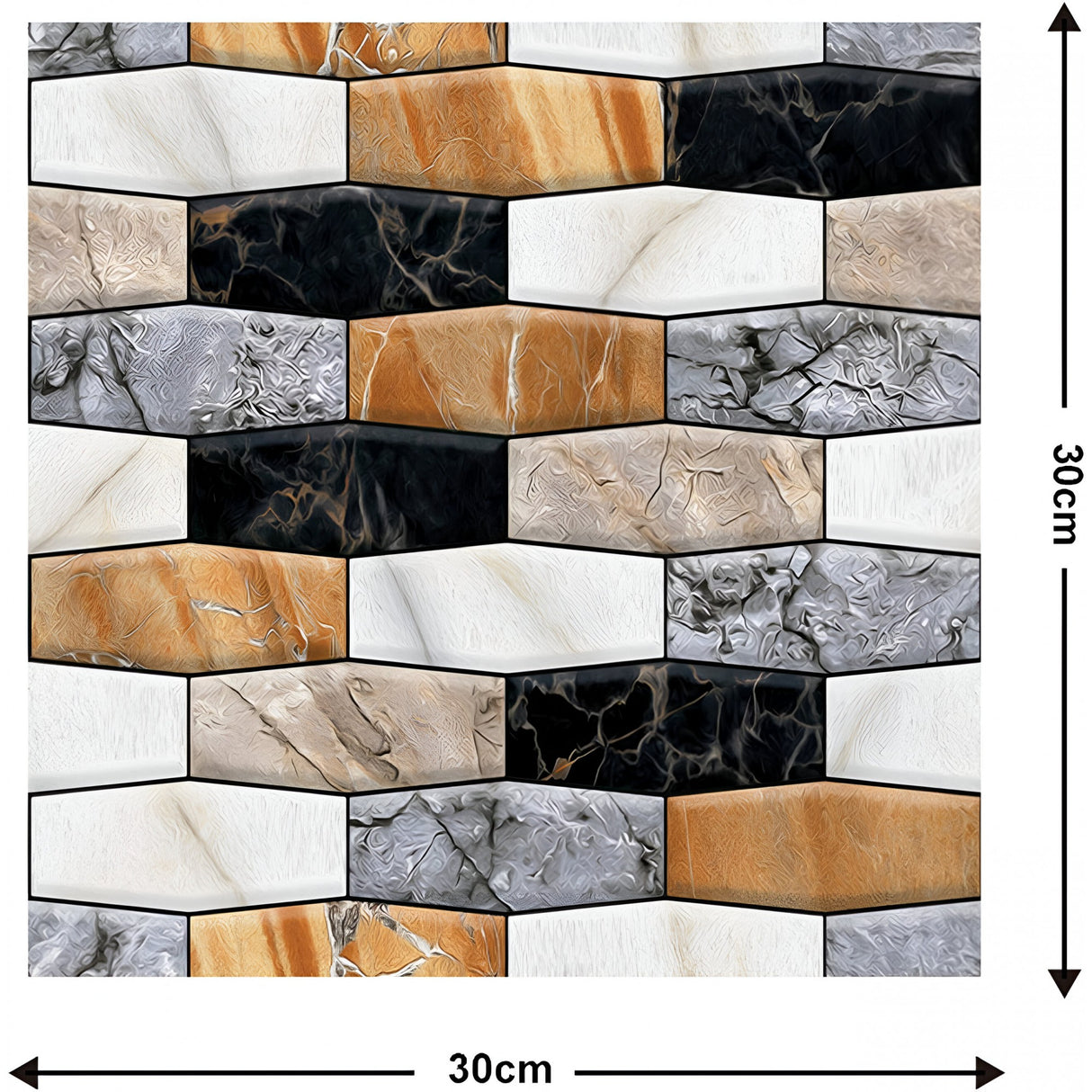 Set 10 x Placi Tapet Autocolant 3D cu Imitatie de Marmura Asimetrica, pentru Perete Bucatarie Sufragerie, Usor de Curatat, Rezistent la Apa, Autoadeziv, 30x30 cm, Maro Gri Negru - vivimall.ro