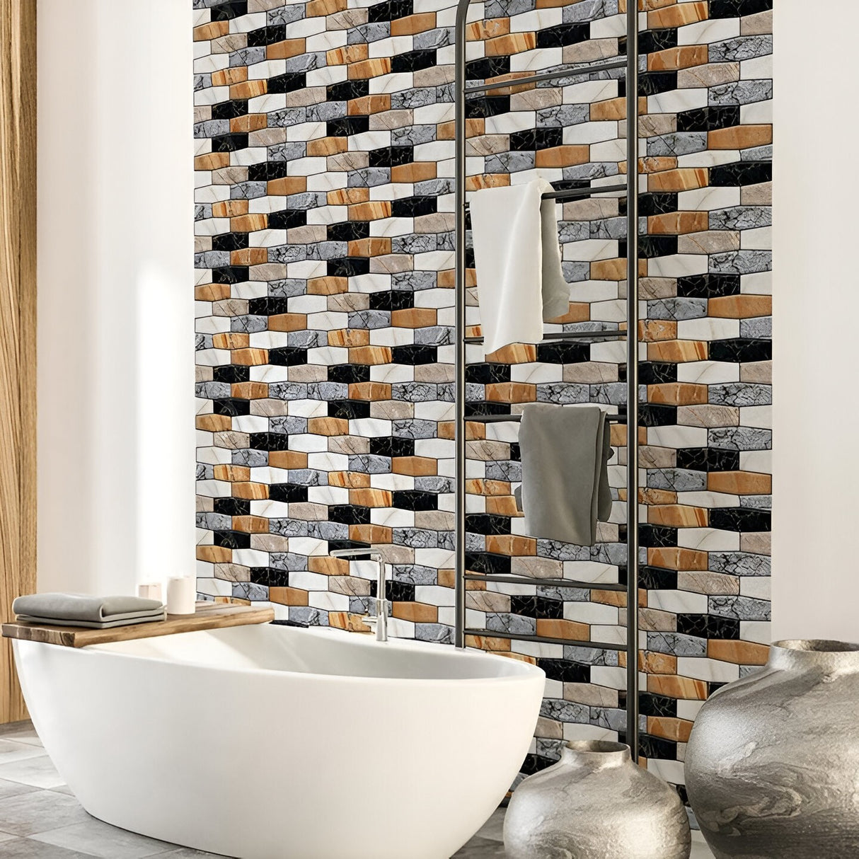 Set 10 x Placi Tapet Autocolant 3D cu Imitatie de Marmura Asimetrica, pentru Perete Bucatarie Sufragerie, Usor de Curatat, Rezistent la Apa, Autoadeziv, 30x30 cm, Maro Gri Negru - vivimall.ro