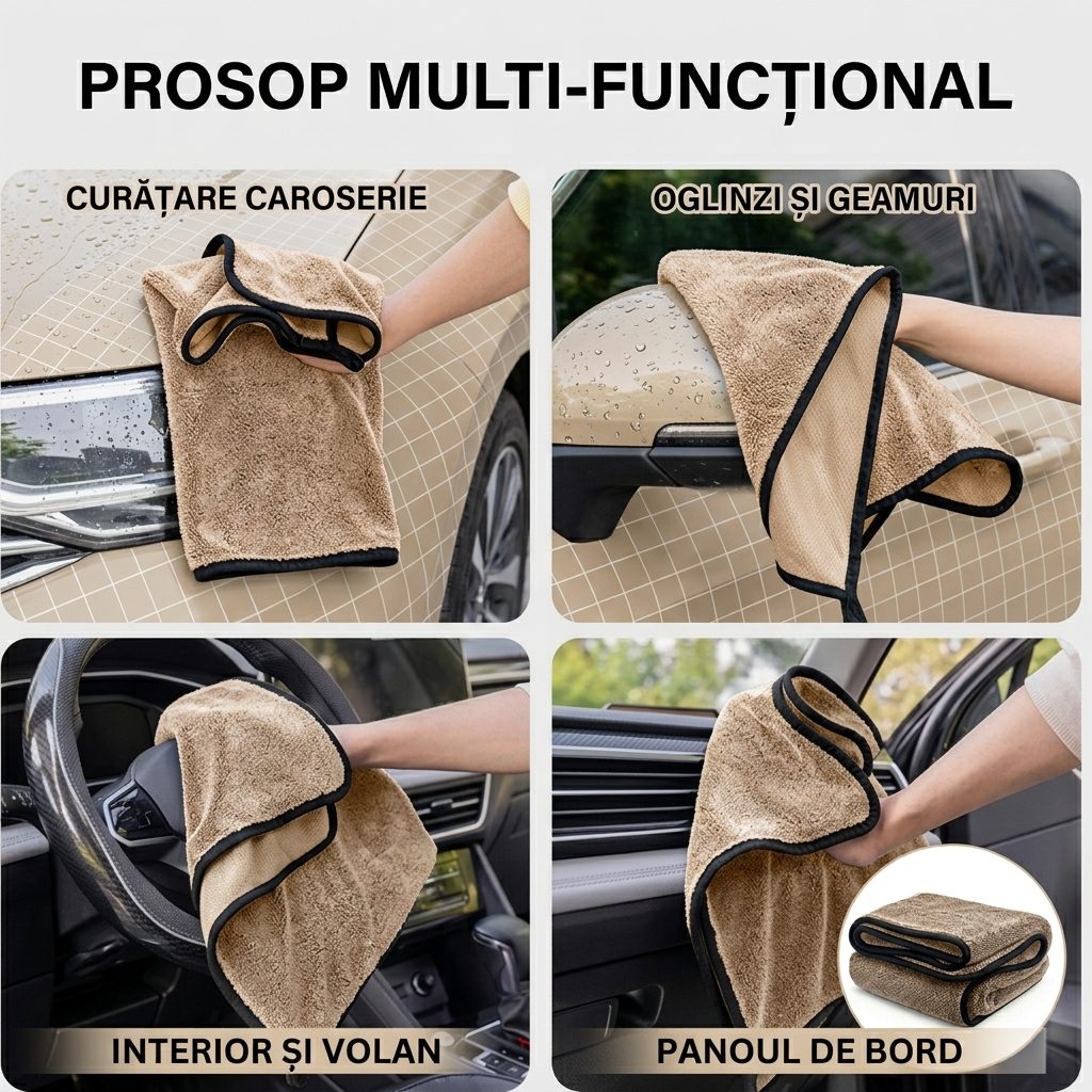 Prosop microfibră auto Flippy bej desfășurat, detaliu textură 600 GSM și margini cusute